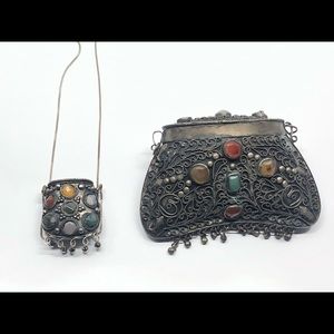 Vintage boho medal alloy purse & container necklace